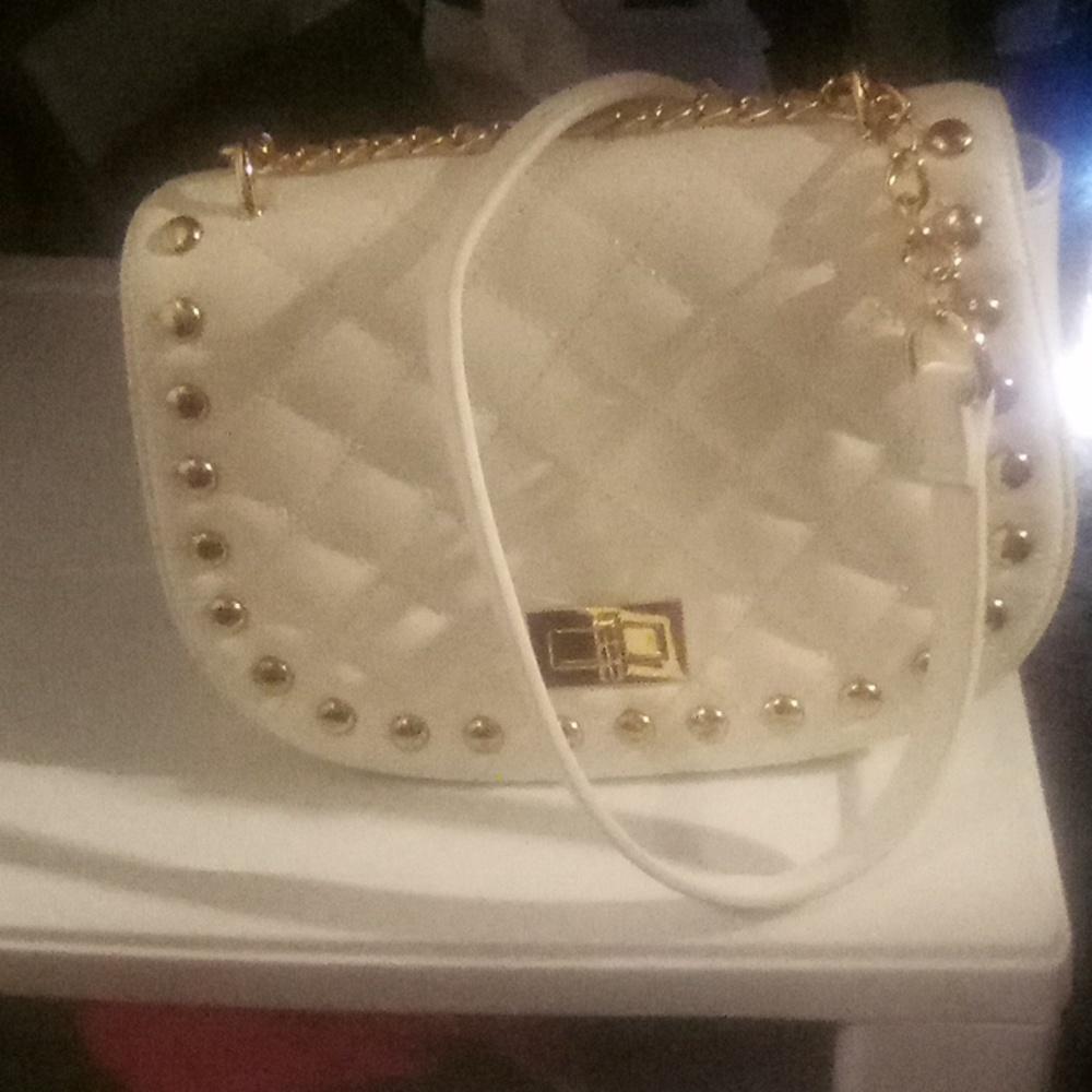 Be cool purse, beige quilted pattern clutch with gold studs and long chain
